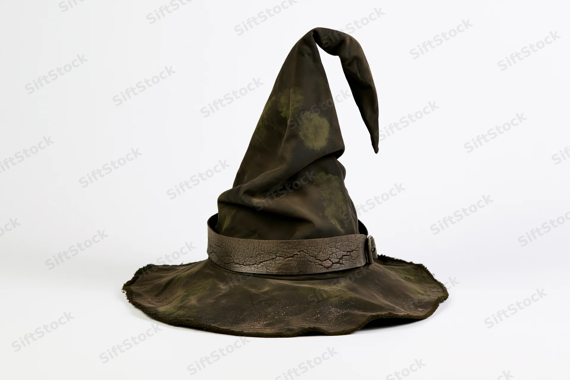Worn witch hat with cracked leather band and frayed brim floating against white background