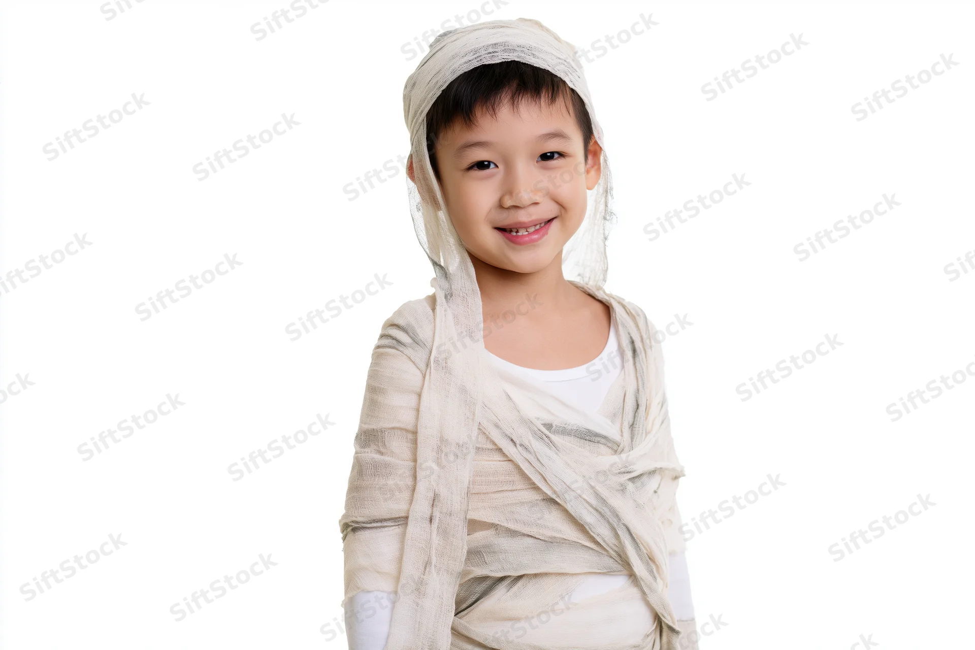 Young asian boy wrapped in white fabric as a mummy costume smiling at camera on white background