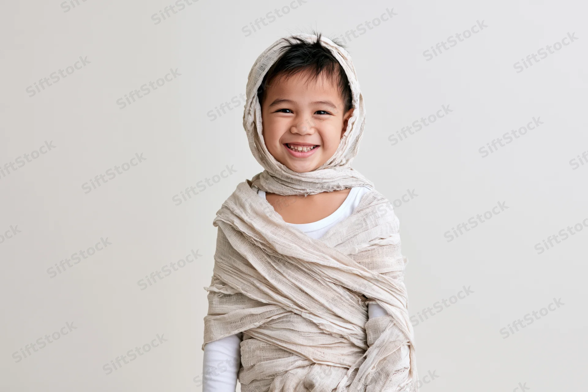 Young asian boy wrapped in beige fabric as a homemade mummy costume smiling in studio