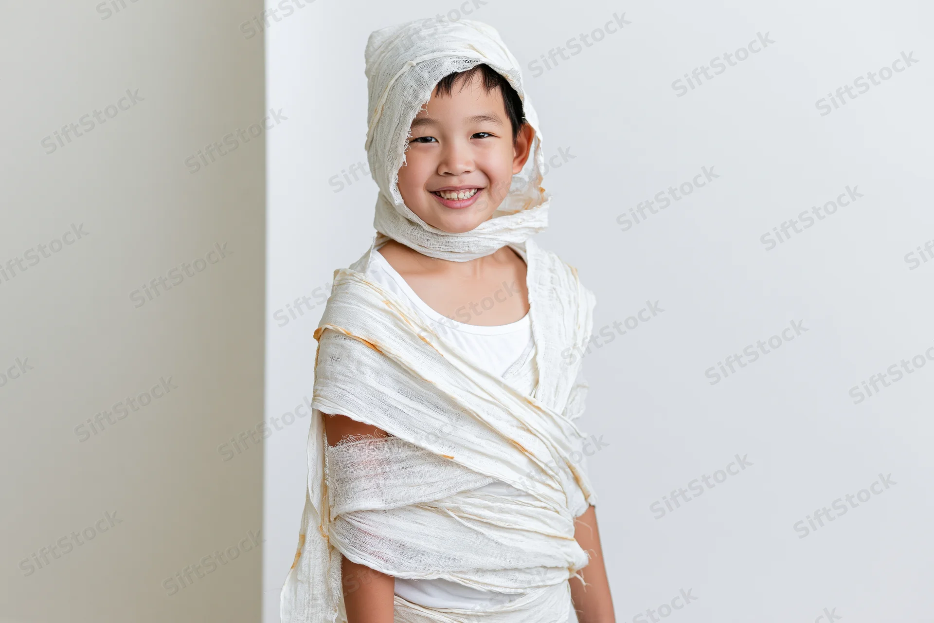Young asian boy smiling while wrapped in white fabric as a homemade mummy costume for halloween