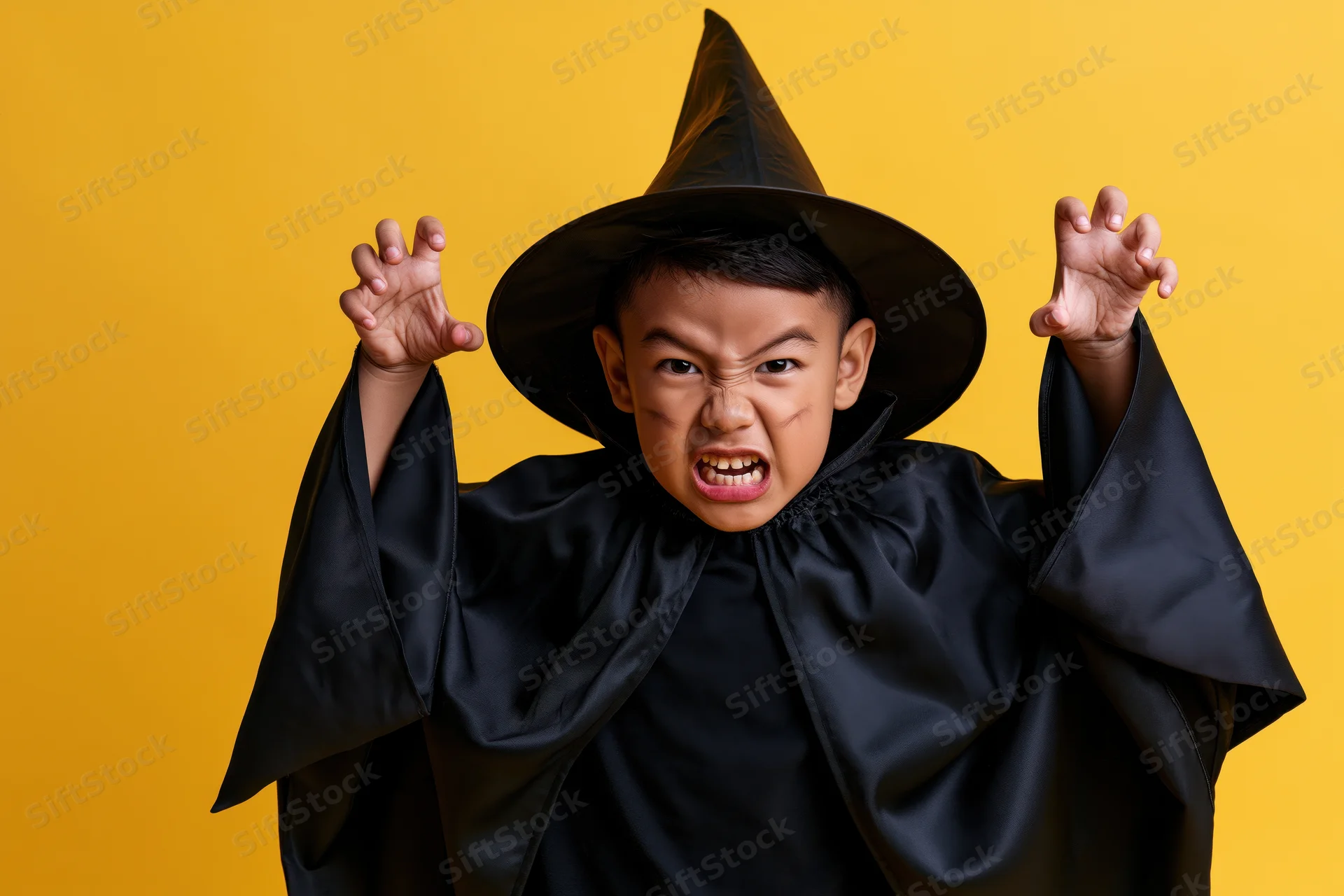 Young southeast asian boy in black wizard costume making angry face with hands raised against yellow background