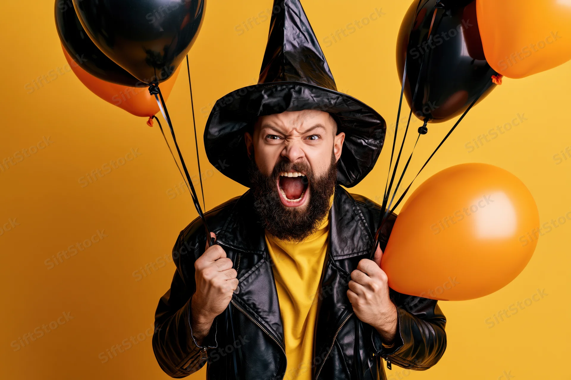 Bearded man in witch hat shouting while holding orange and black balloons against yellow background
