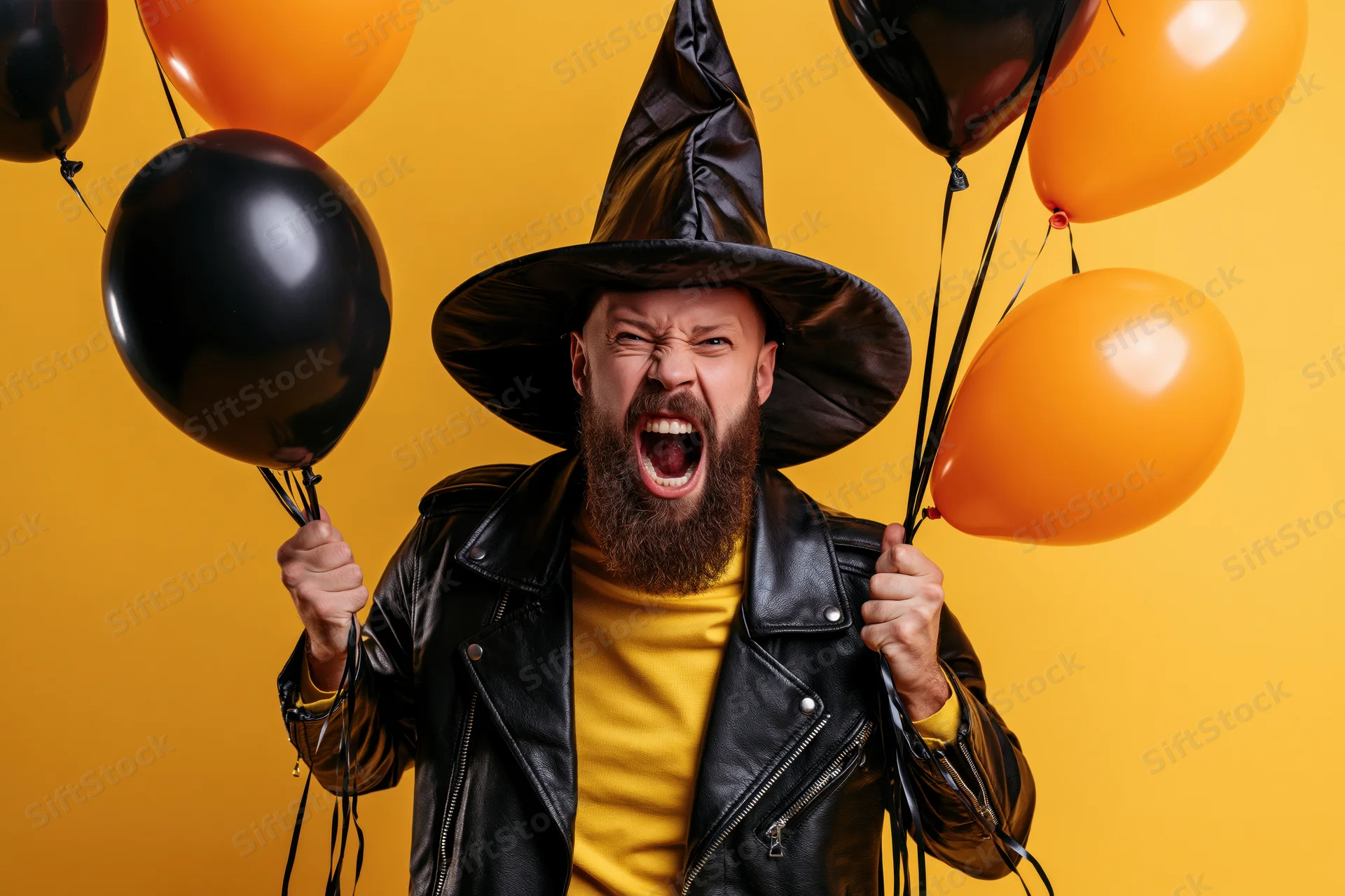 Bearded man in witch hat and leather jacket shouting while holding black and orange balloons against yellow background