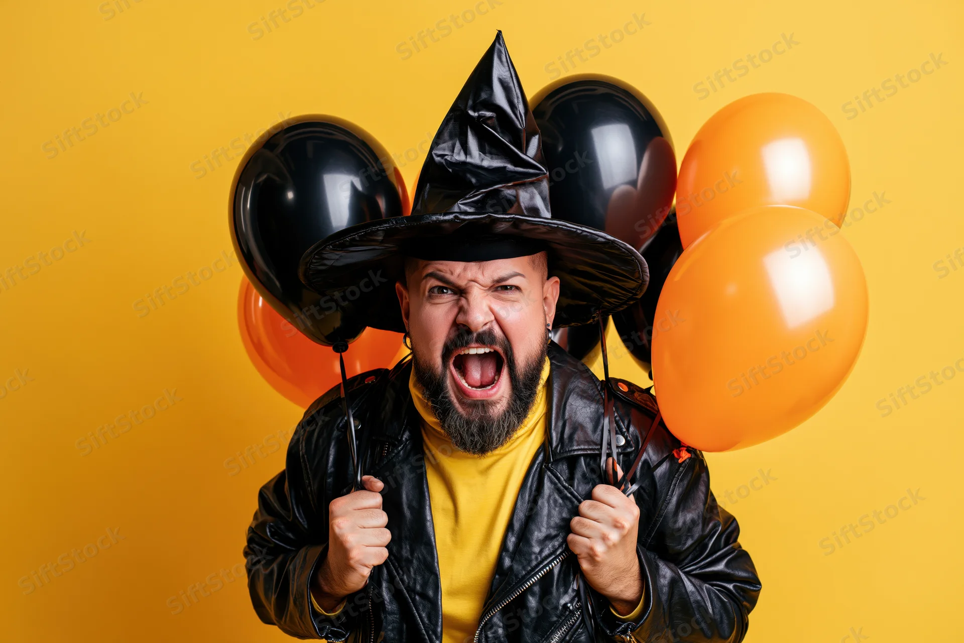 Bearded man in witch hat and leather jacket shouting while holding black and orange balloons against yellow background