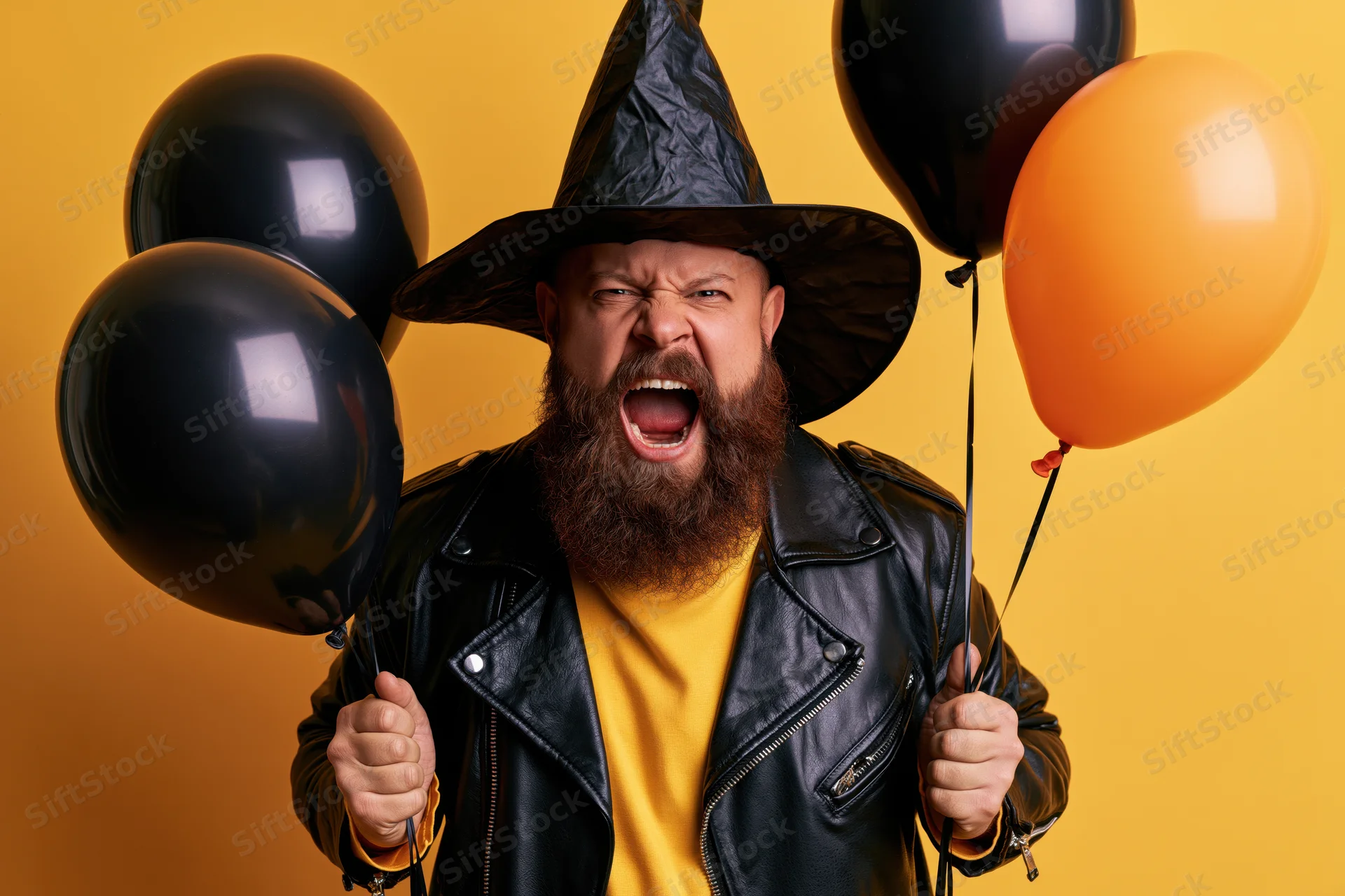 Bearded man in witch hat and leather jacket shouting while holding black and orange balloons against yellow background