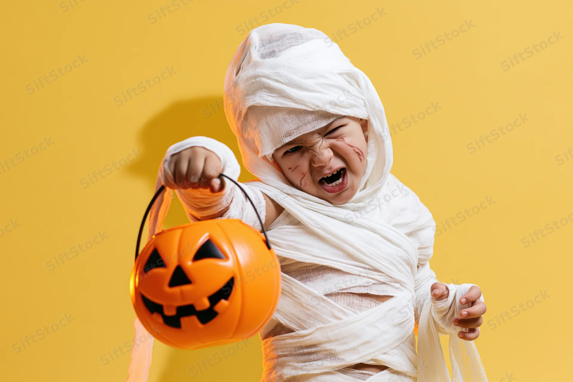 Child dressed as mummy in white bandages screaming while holding orange pumpkin bucket against yellow background