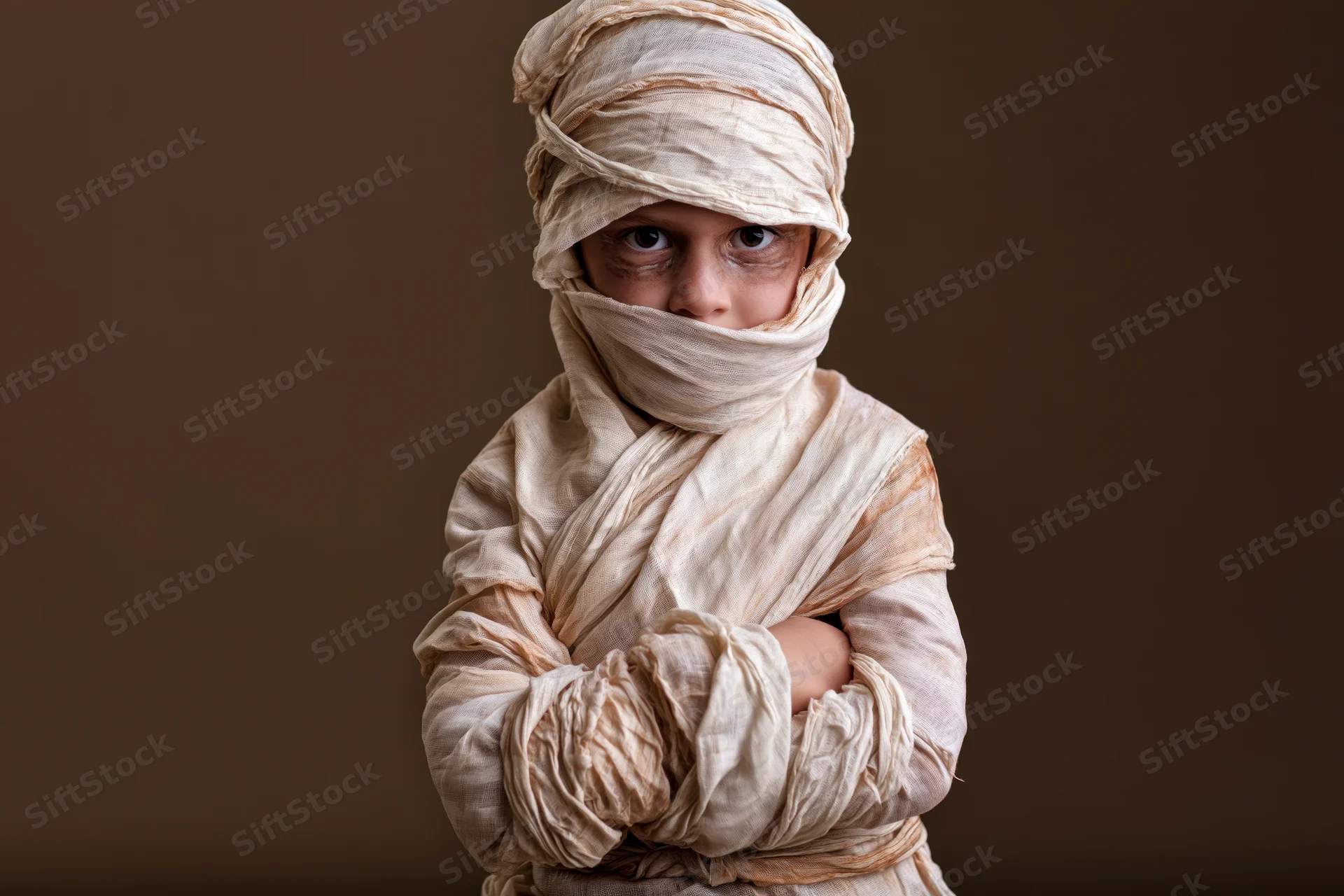 Child wrapped in beige bandages as a mummy costume with arms crossed against brown background