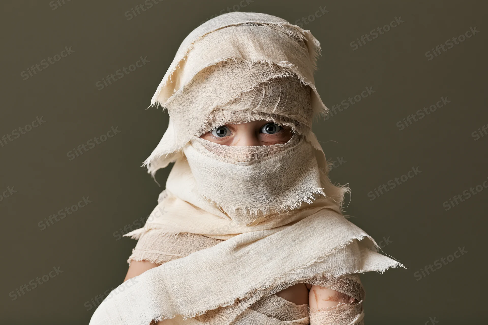 Child wrapped in beige fabric bandages for a mummy costume, eyes visible, studio portrait