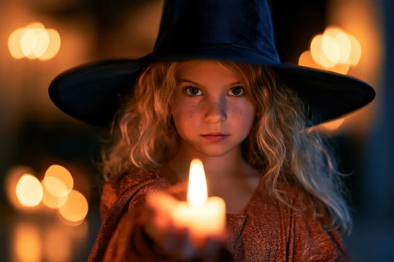 Young girl in witch costume holding lit candle in dimly lit room with warm bokeh lights