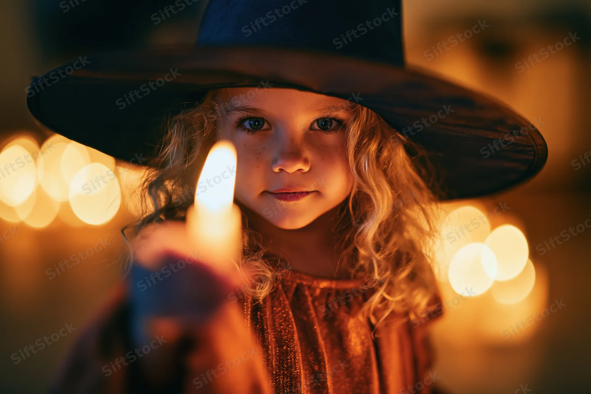 Young girl in witch costume holding lit candle with warm bokeh lights behind her