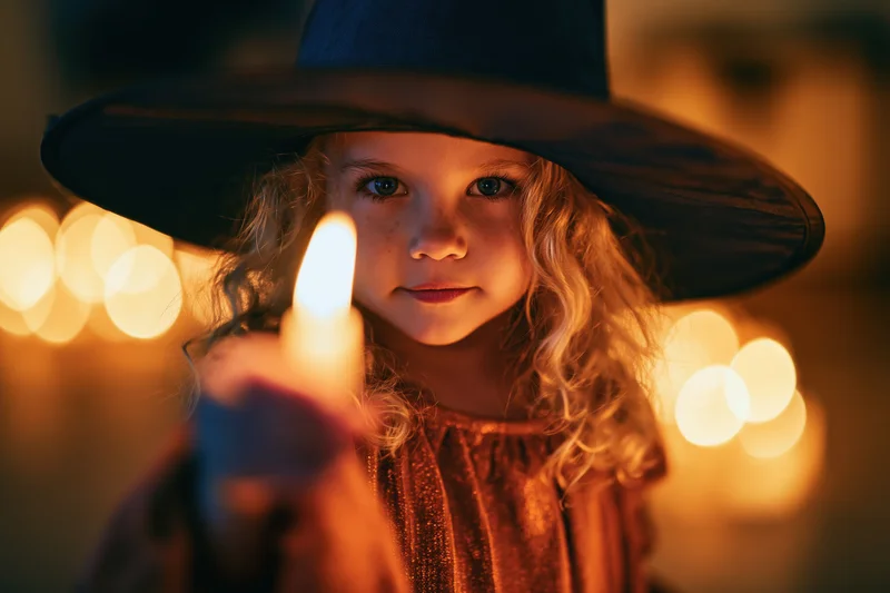 Young girl in witch costume holding lit candle with warm bokeh lights behind her