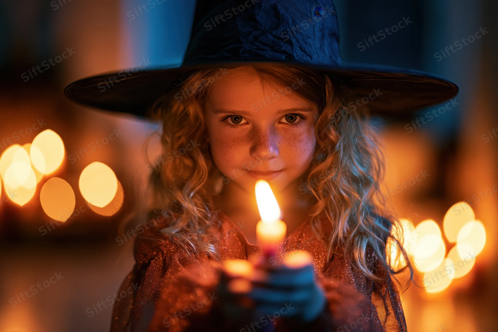 Young girl in witch costume holding lit candle indoors at night