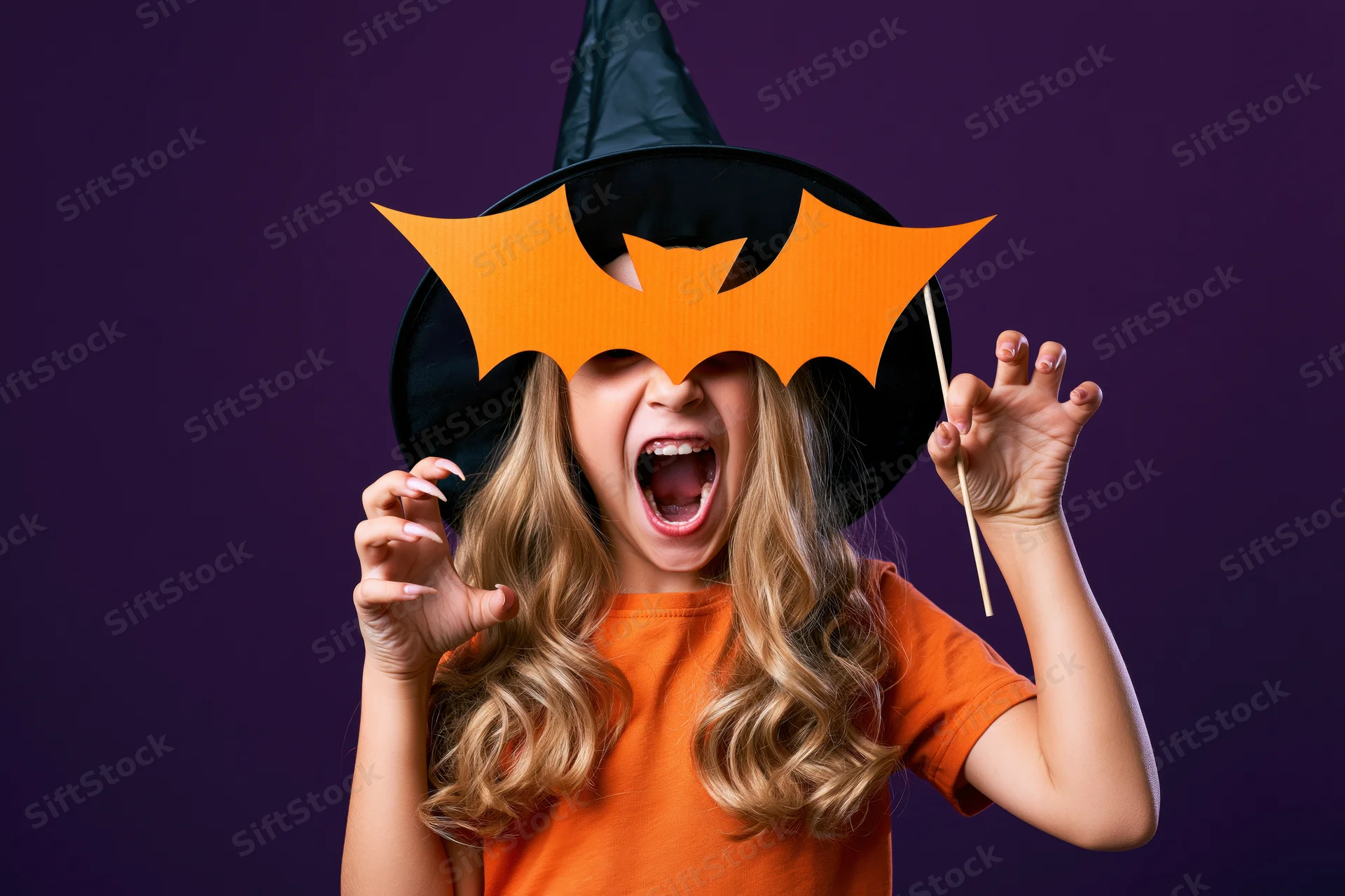 Young girl in witch hat holding orange paper bat mask, shouting playfully against purple background