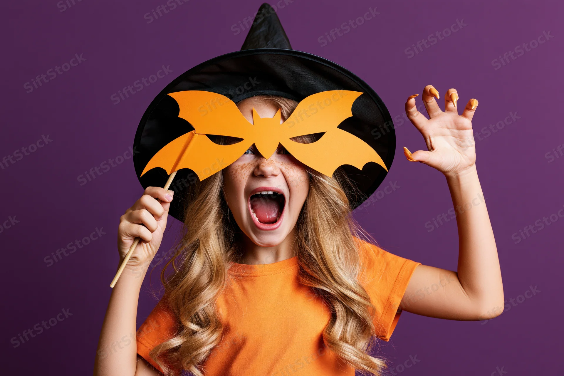 Young girl in witch costume holding orange paper bat mask, posing playfully against purple background