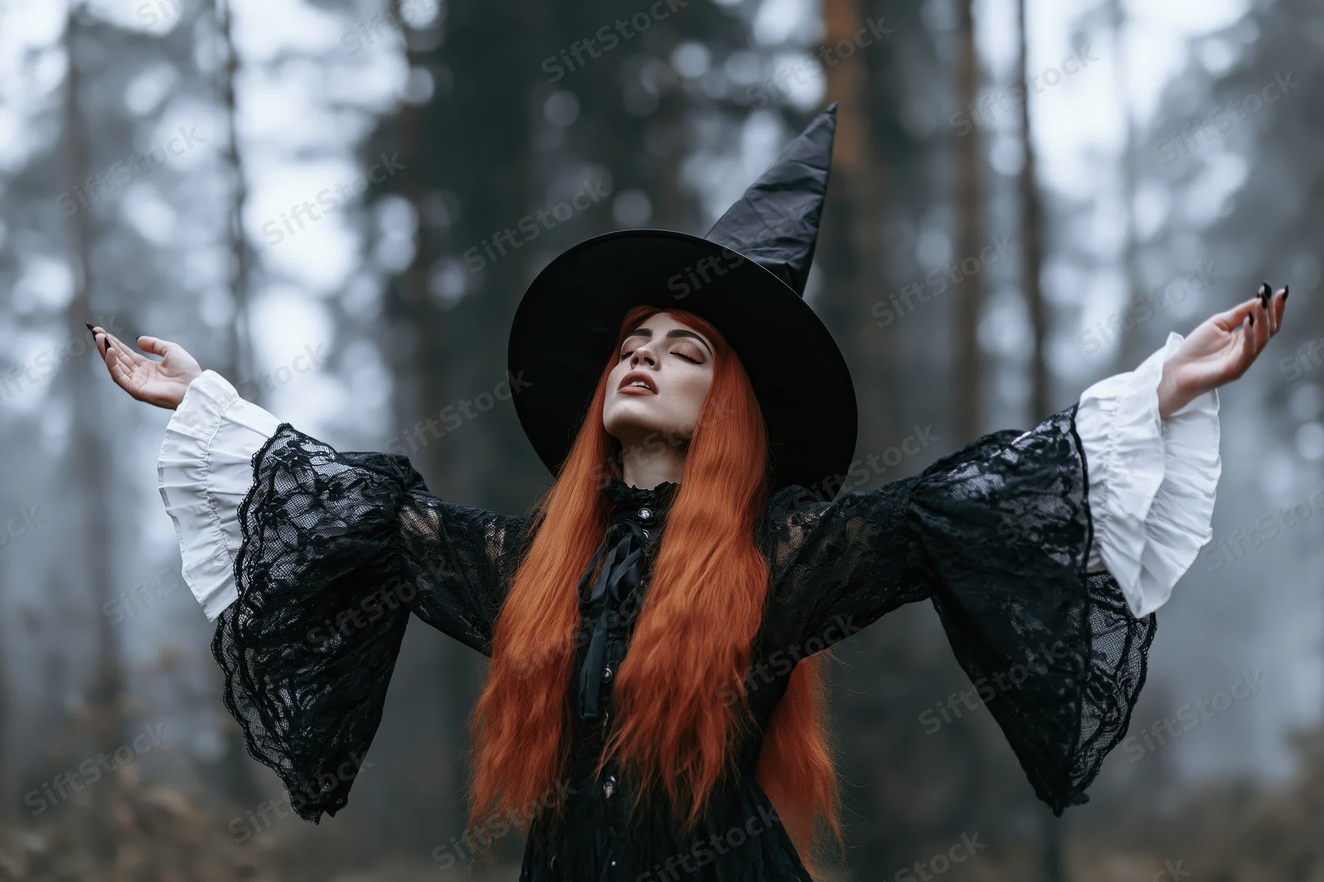 Red-haired woman in black witch costume with arms outstretched in misty forest