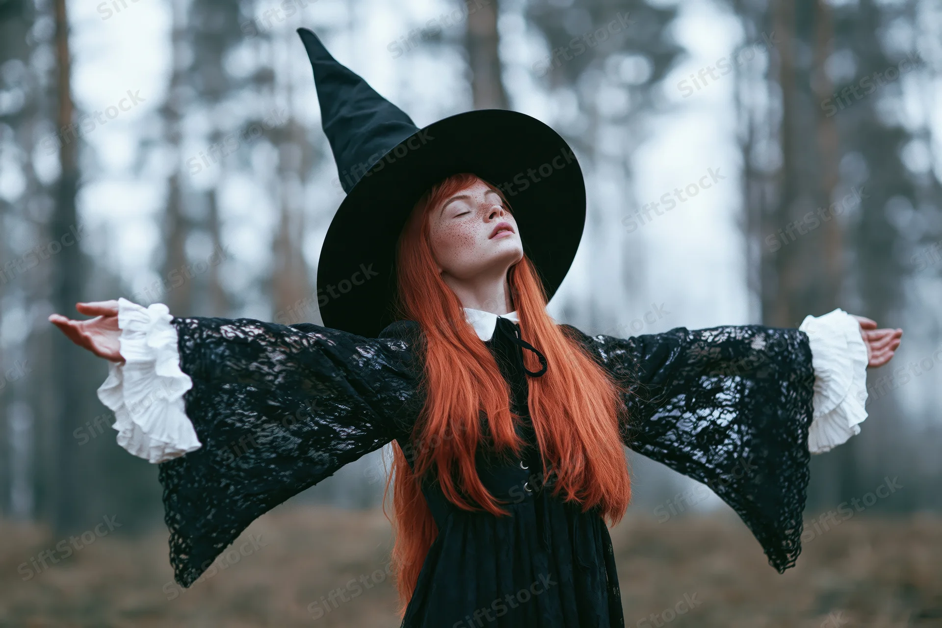 Red-haired woman in black witch costume with arms outstretched in foggy forest