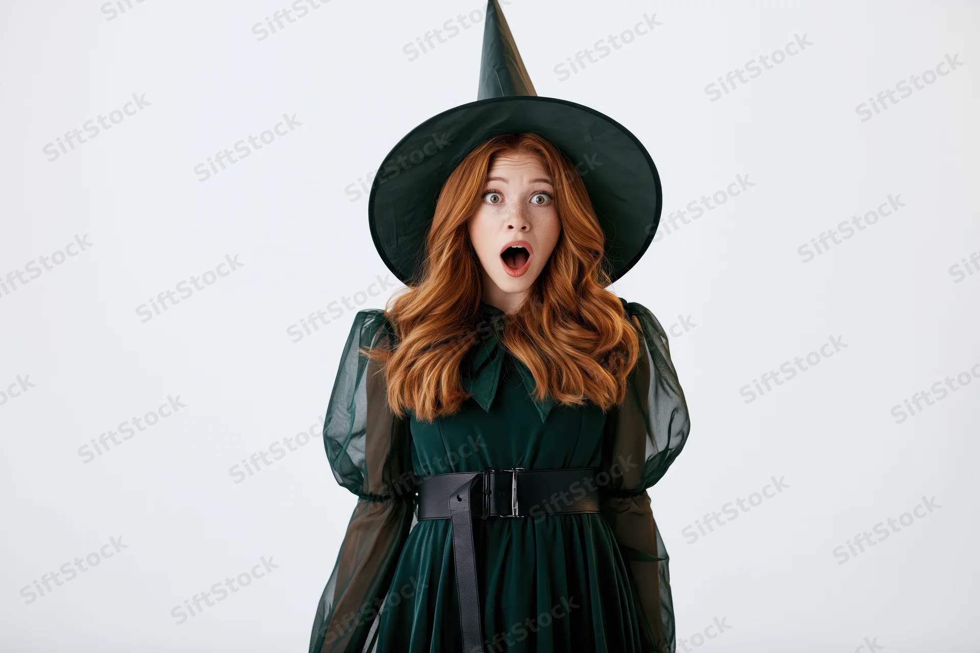 Young redheaded woman in green witch costume with surprised expression against white background