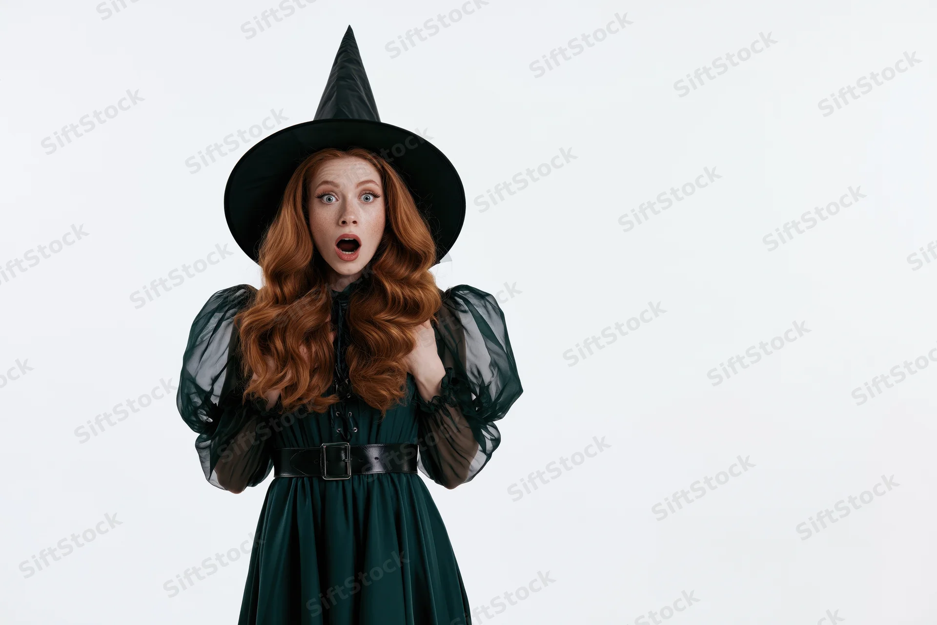 Young redheaded woman in witch costume with surprised expression against white background
