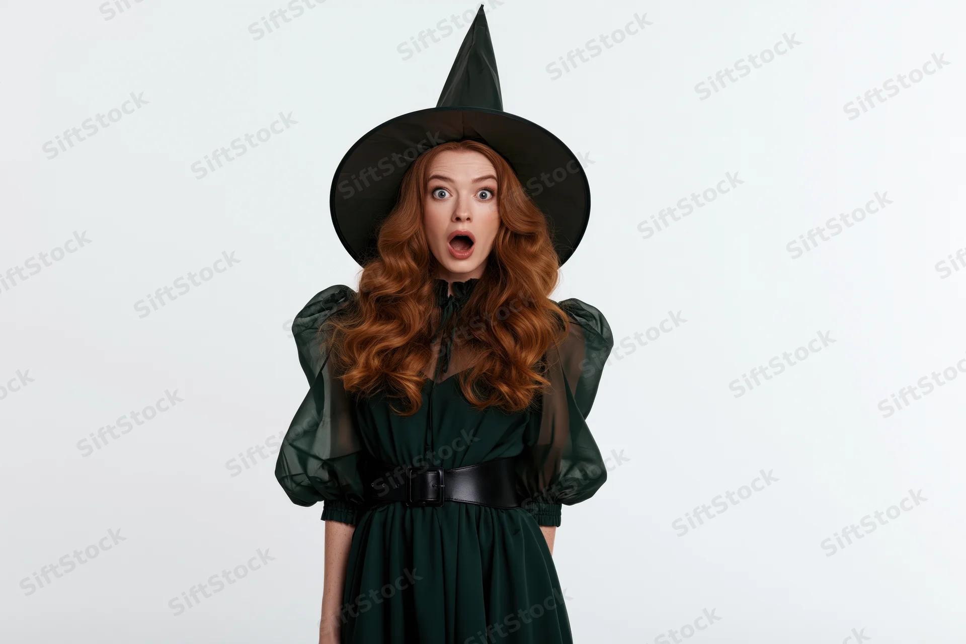 Young woman in witch costume with surprised expression against white background