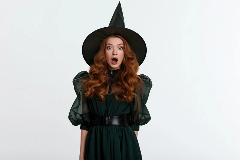 Young woman in witch costume with surprised expression against white background