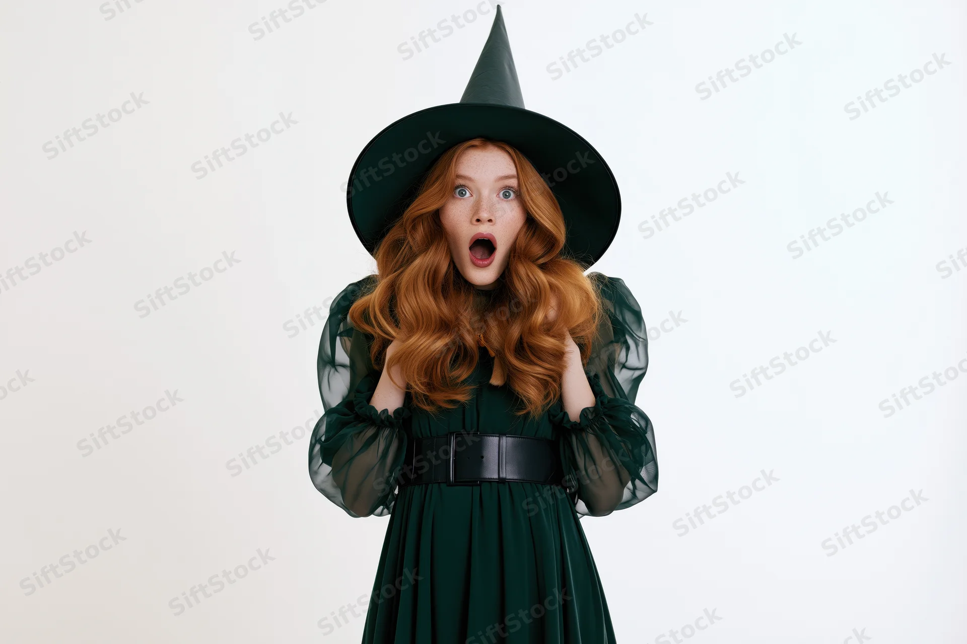 Young woman in witch costume with surprised expression against white background