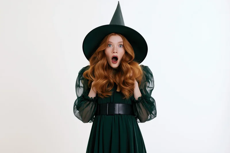 Young woman in witch costume with surprised expression against white background