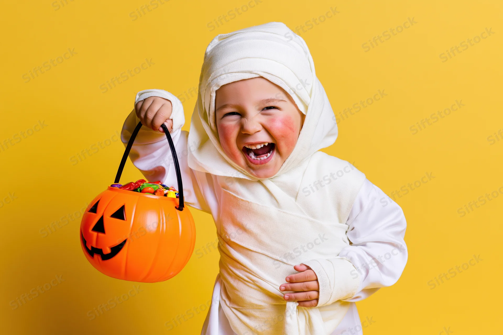 Toddler in white mummy costume laughing while holding orange pumpkin candy bucket against yellow background