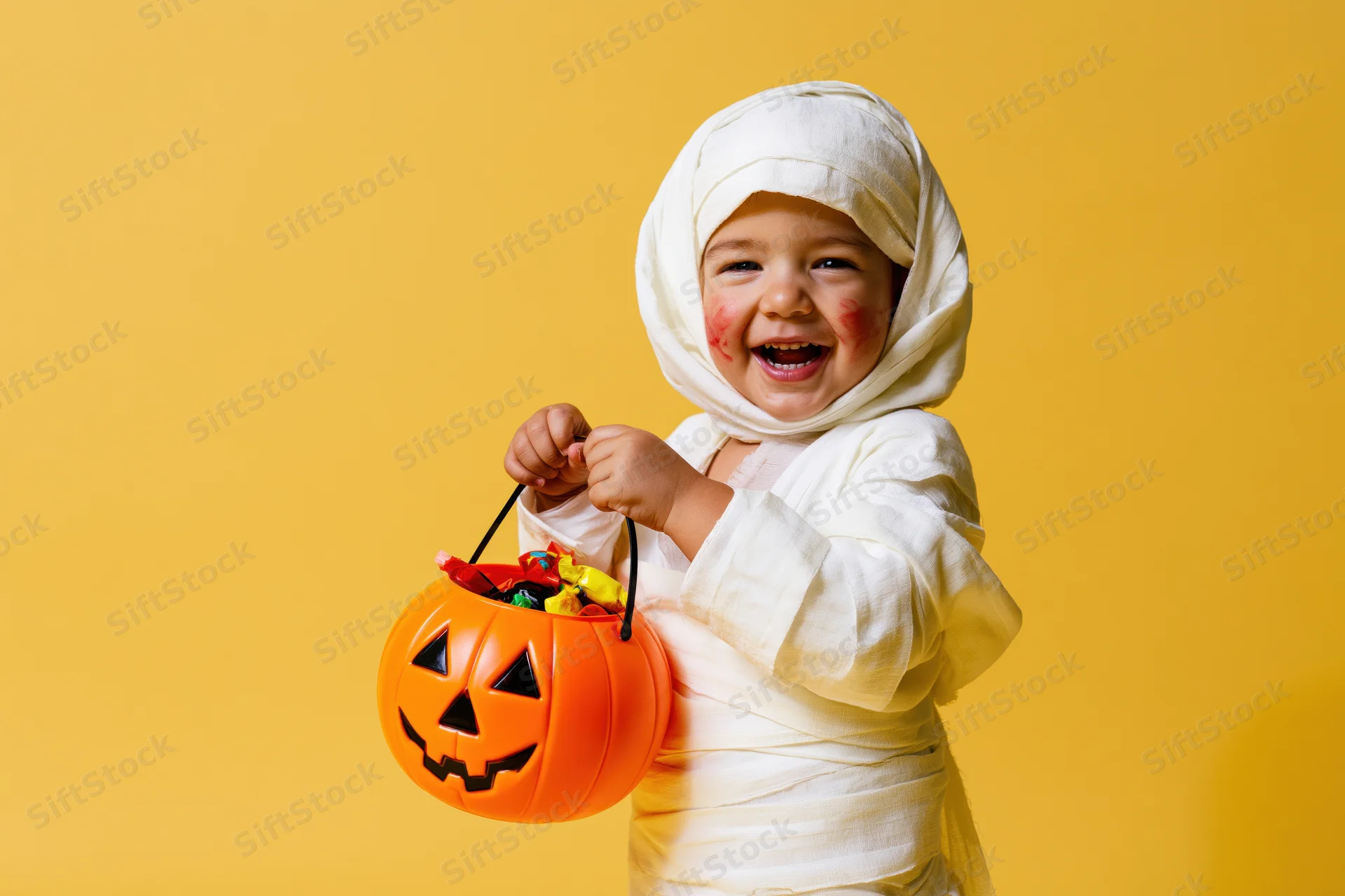 Toddler in white mummy costume holding orange pumpkin bucket filled with candy against yellow background