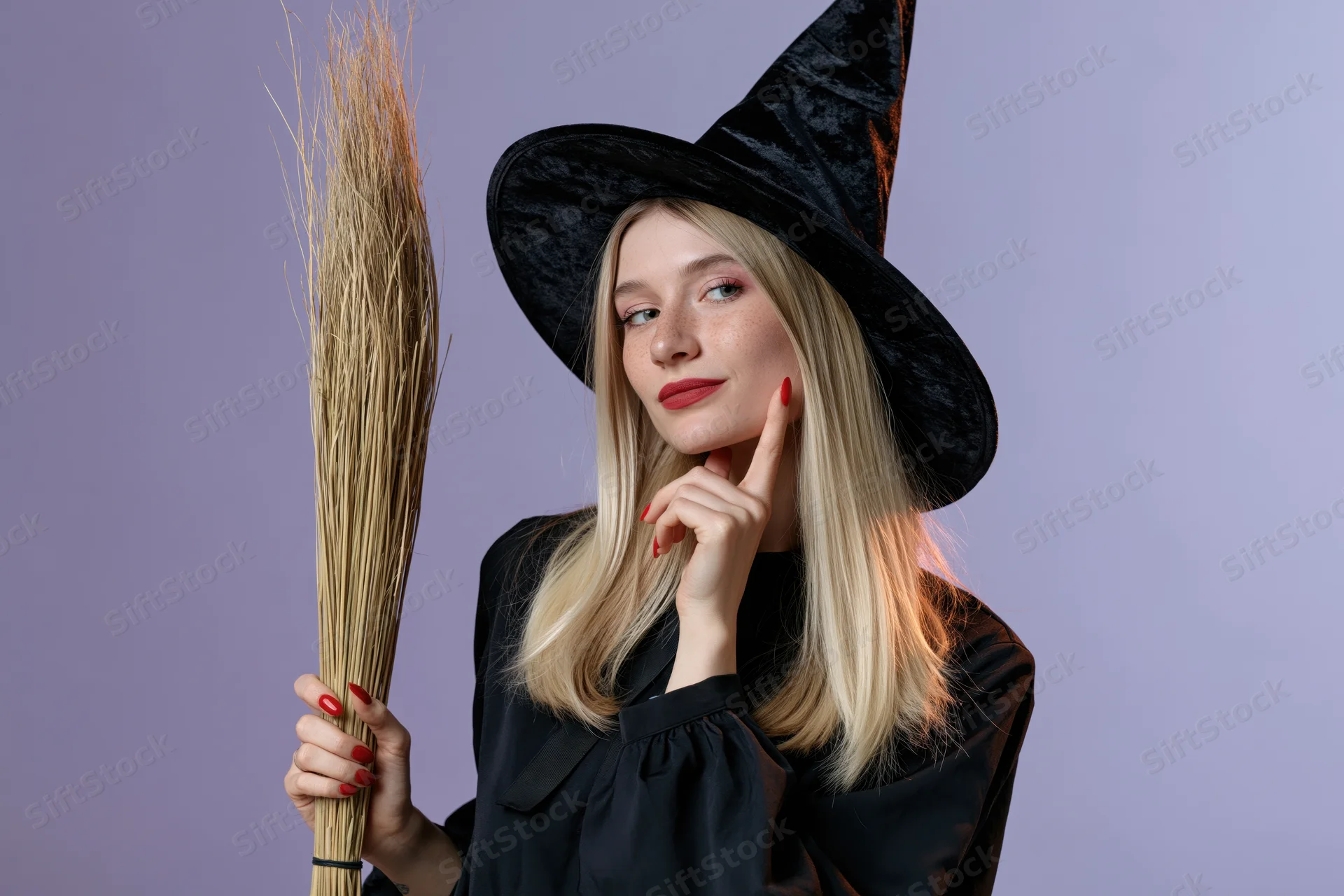 Young woman in witch costume holding broom and touching chin against purple background