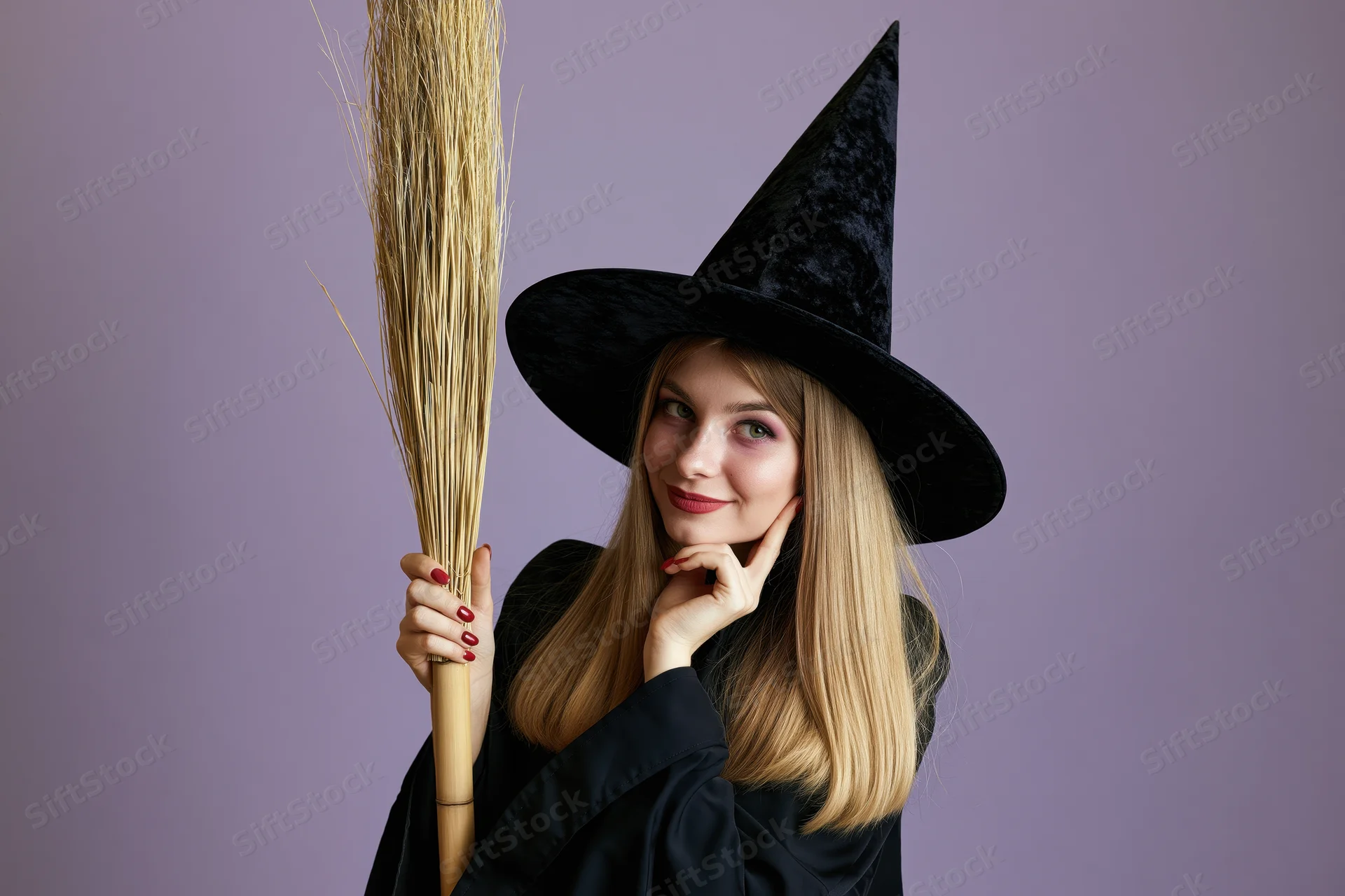 Young woman in witch costume holding broom against purple background