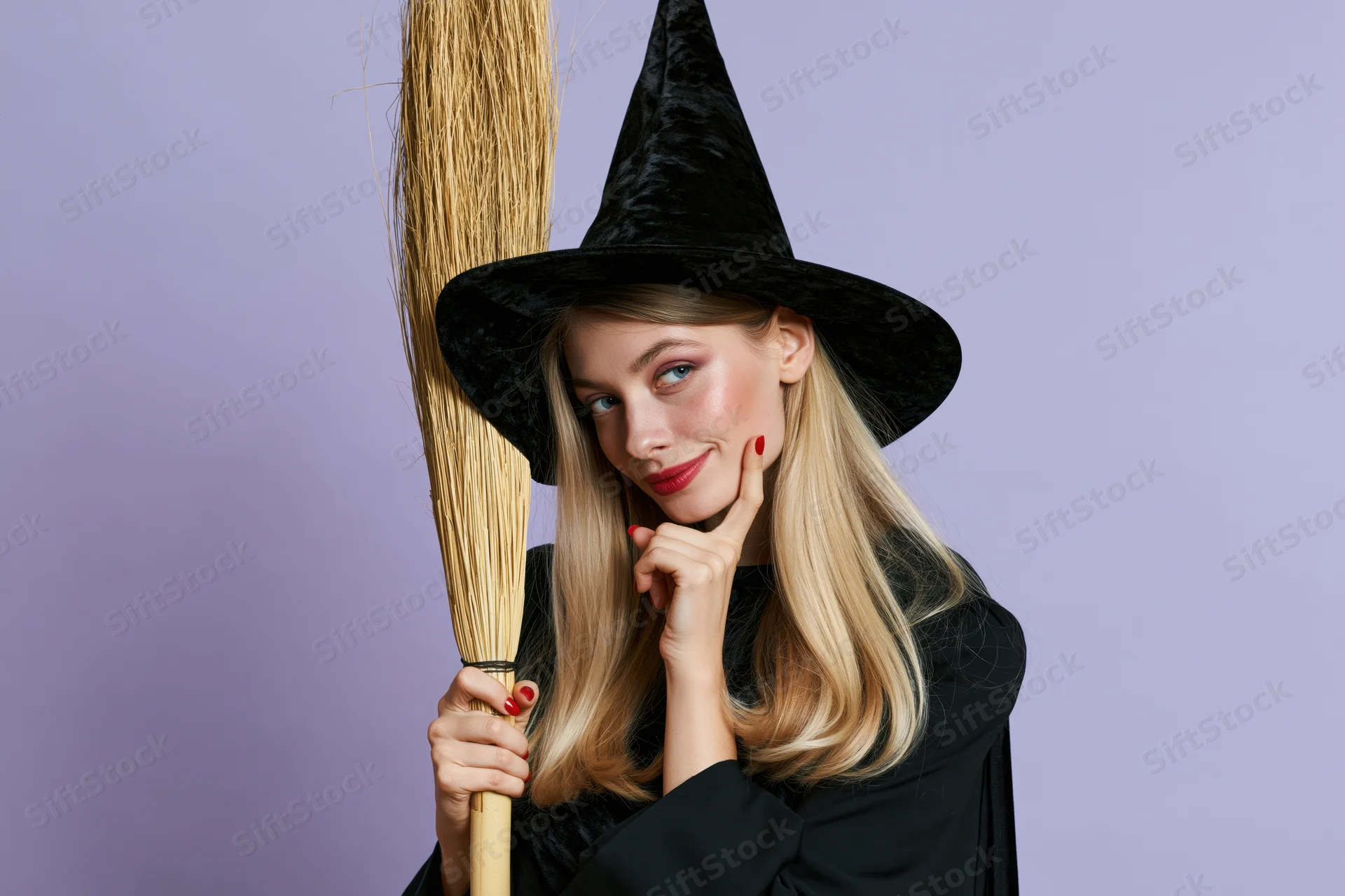 Young woman in witch costume holding broom and posing with hand on chin against purple background