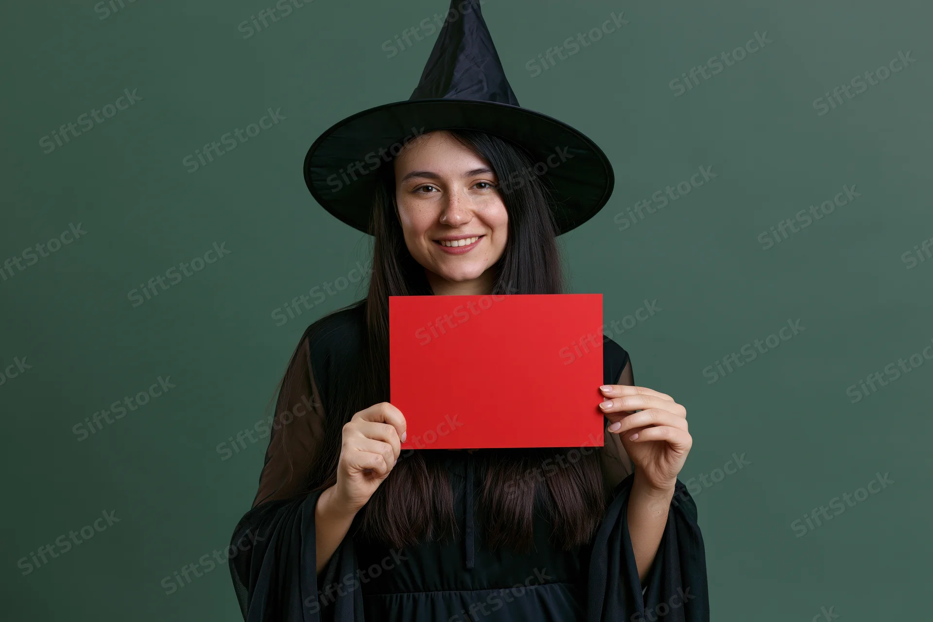 Woman dressed as witch holding red sign in studio