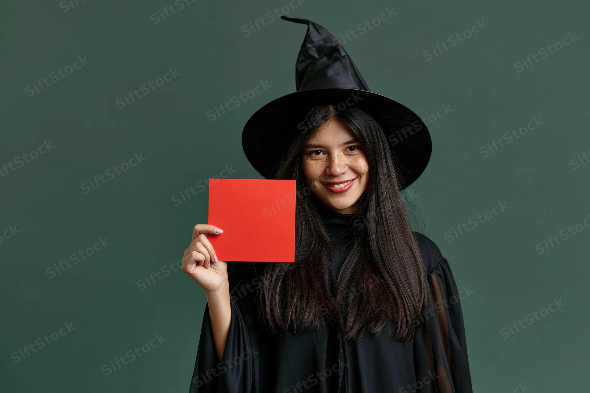 Young woman in witch costume holding red sign in studio