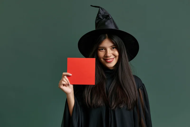 Young woman in witch costume holding red sign in studio