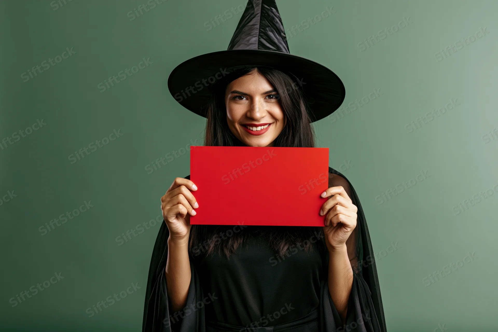 Woman dressed as witch holding red sign in front of green background