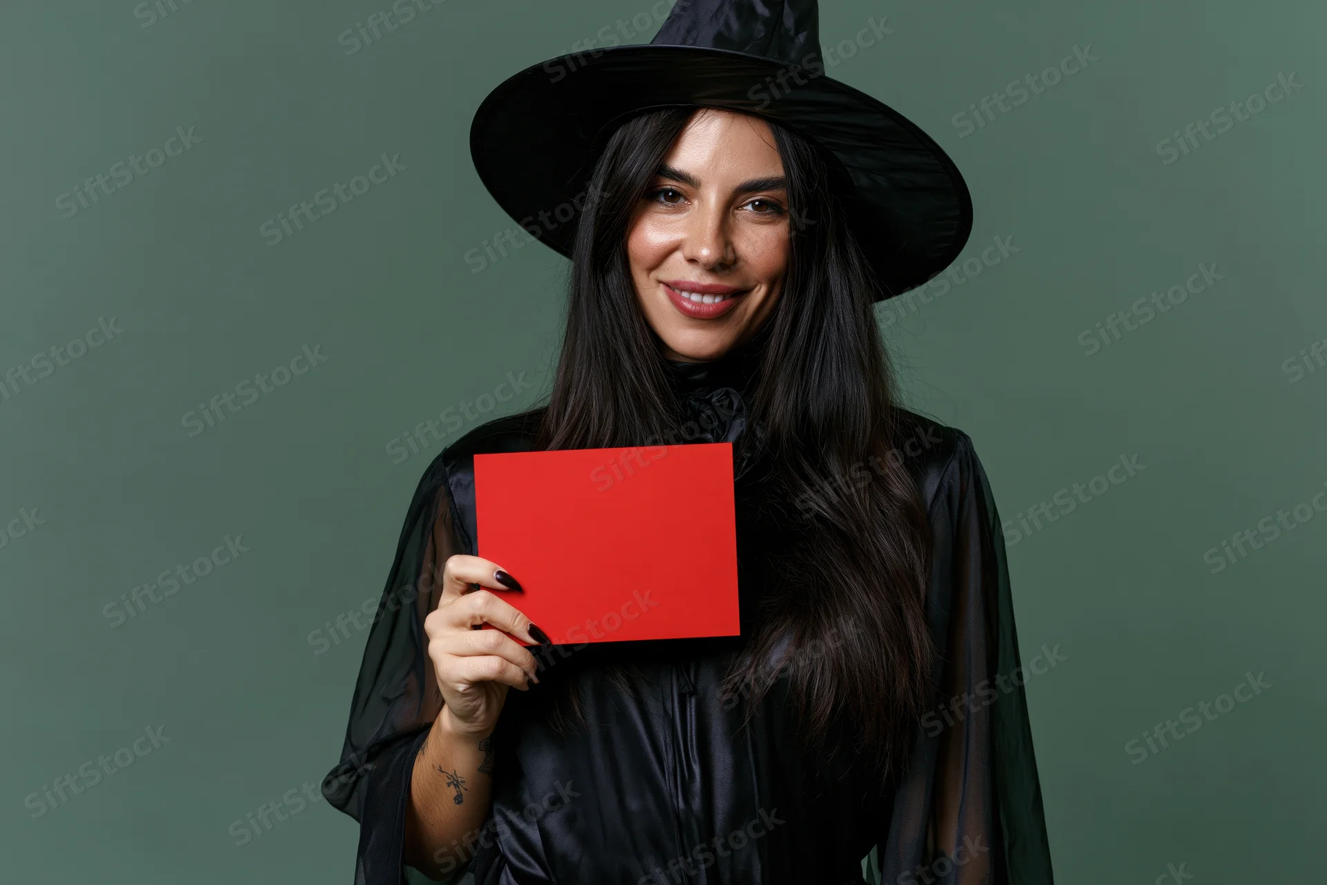 Woman dressed as witch holding red sign in studio