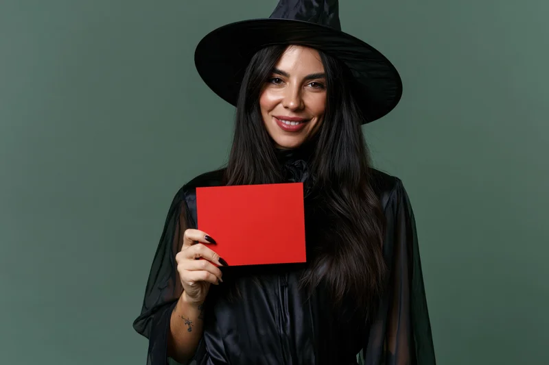 Woman dressed as witch holding red sign in studio