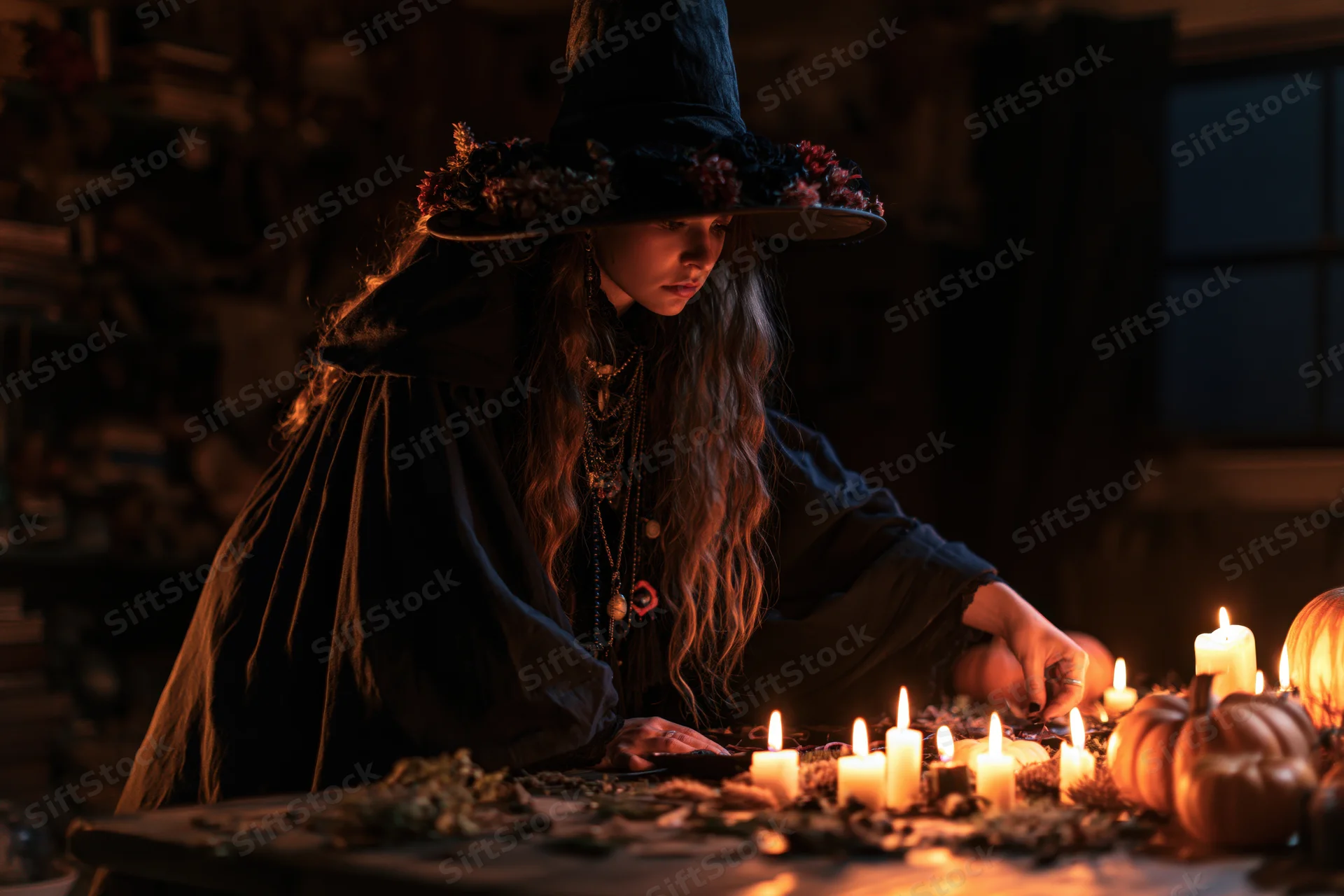 Young woman in witch costume leaning over wooden table with candles and pumpkins at night