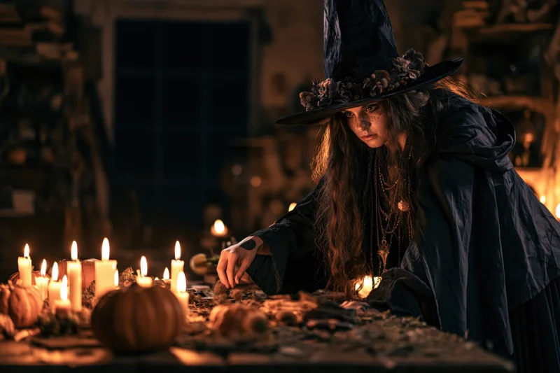 Witch in black hat and cloak leaning over a table with candles and pumpkins at night