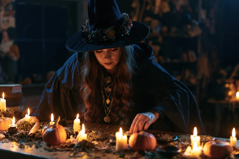 Young woman in witch costume leaning over wooden table with candles and pumpkins during halloween ritual