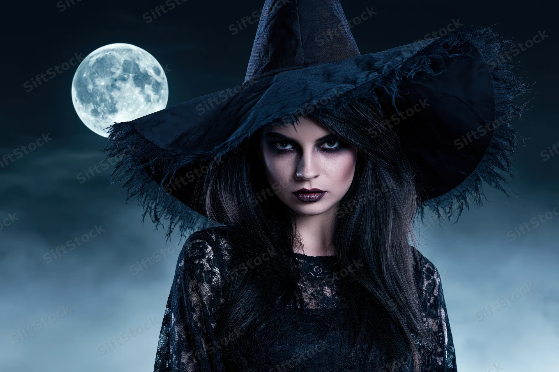 Woman in witch costume with wide-brimmed hat gazing directly at camera under full moon at night