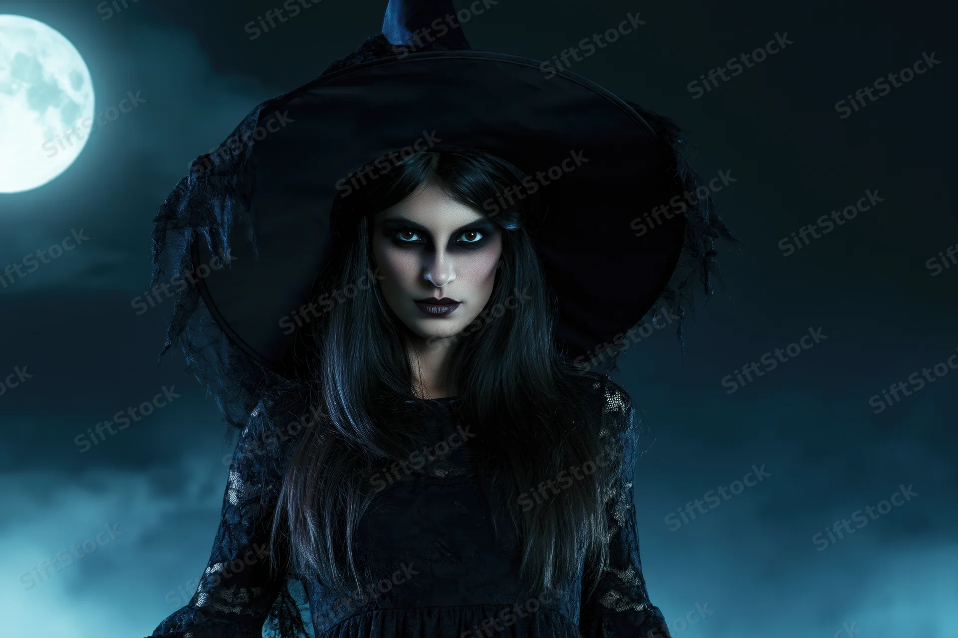 Woman in witch costume gazing directly at camera under full moon at night