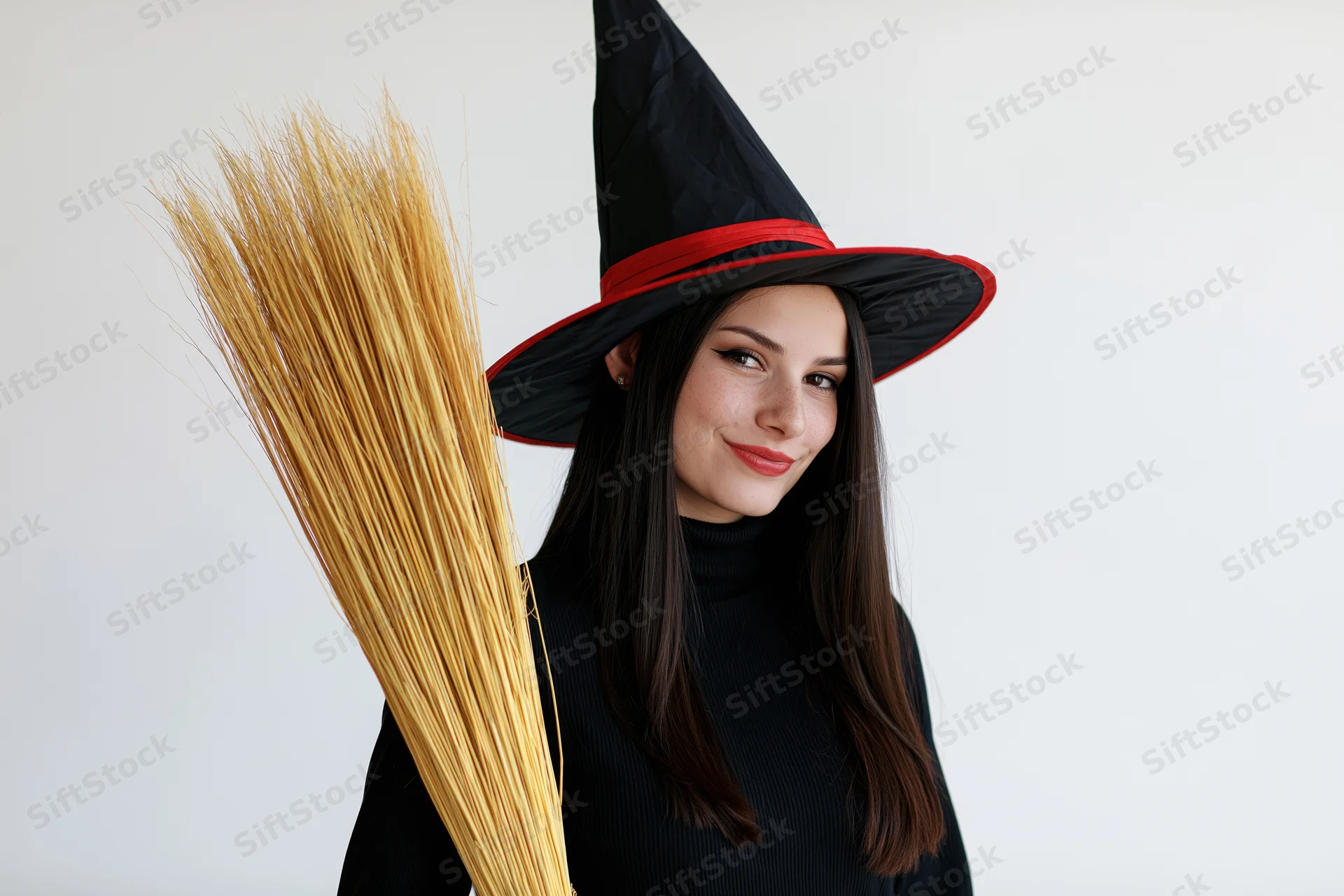 Woman in witch costume holding straw broom against white background