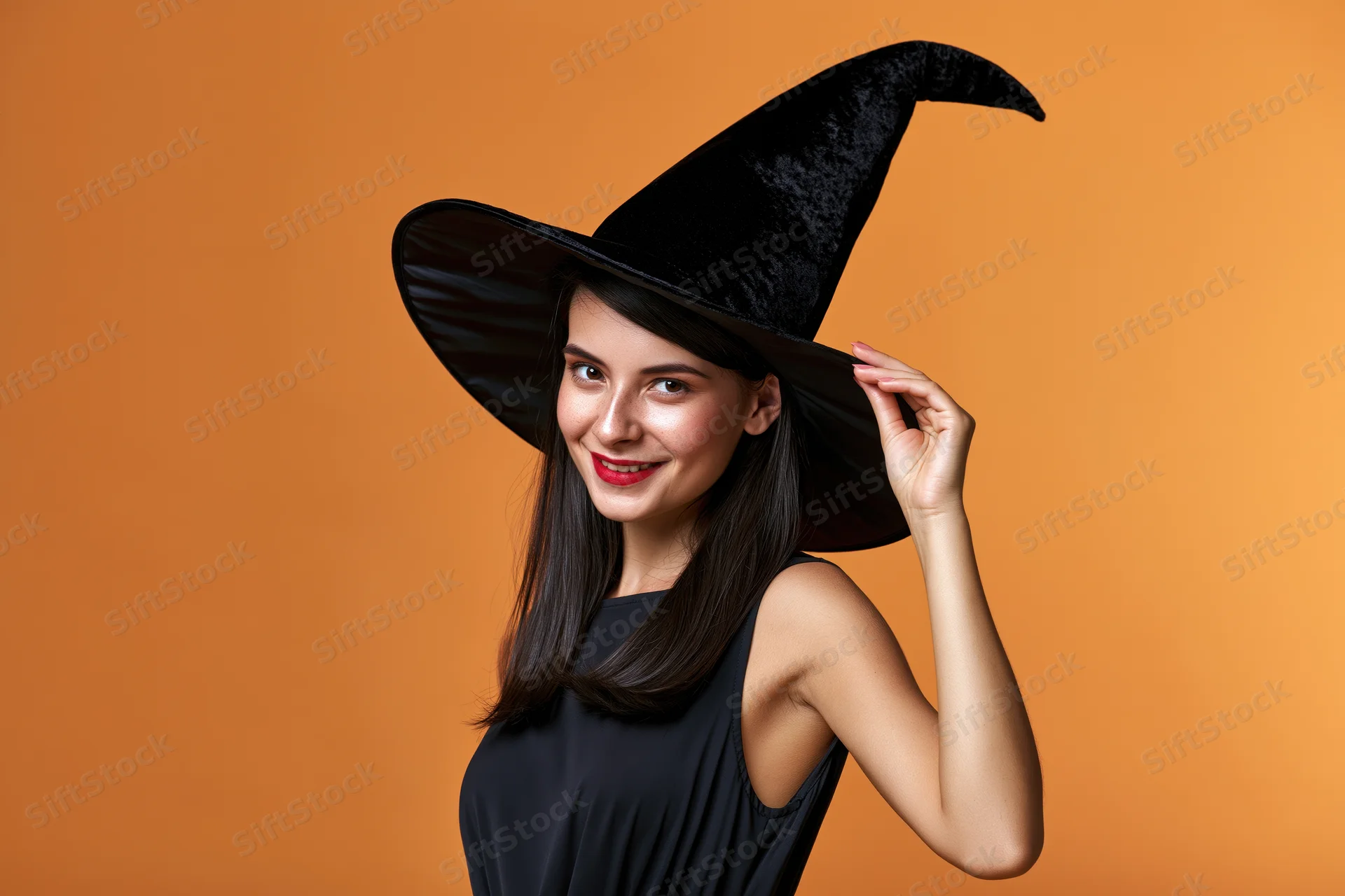 Young woman in witch costume smiling while touching her hat against orange background
