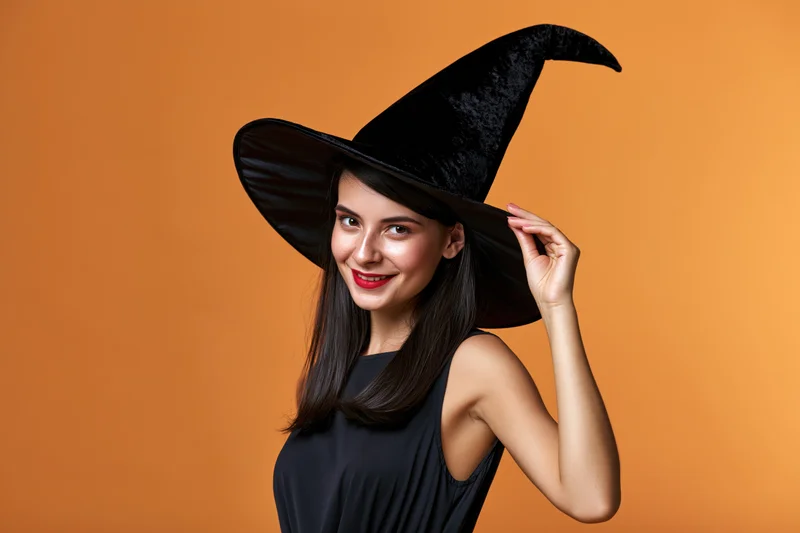 Young woman in witch costume smiling while touching her hat against orange background