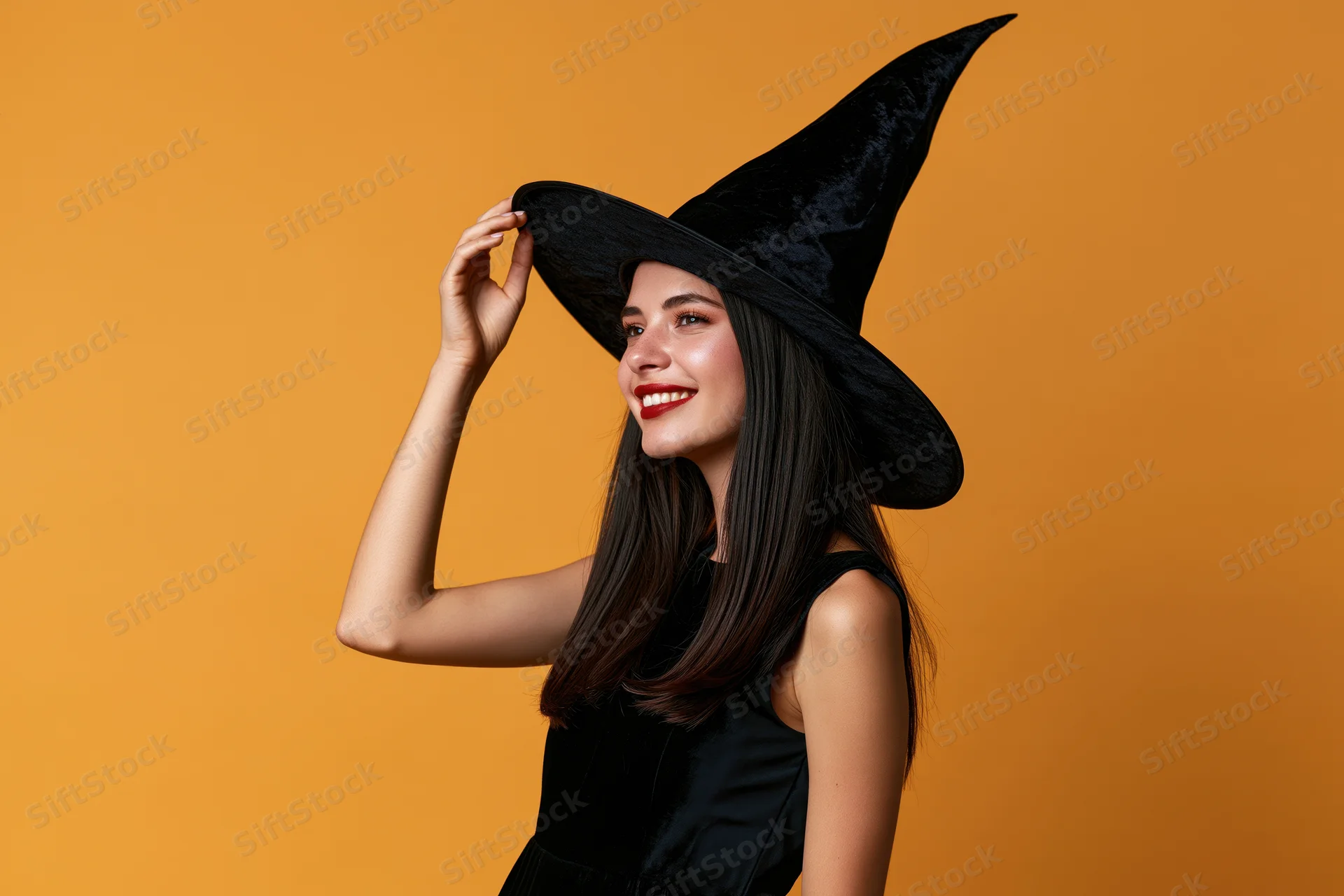 Young woman in witch costume smiling and touching hat against orange background