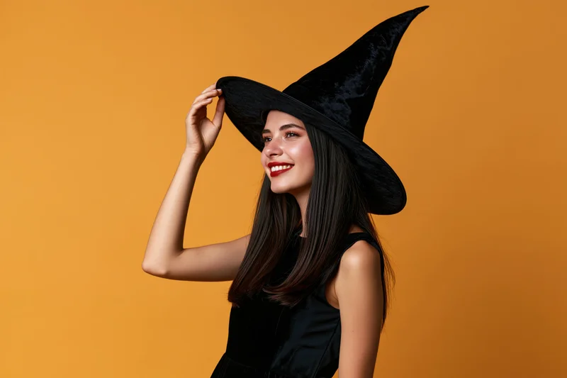 Young woman in witch costume smiling and touching hat against orange background