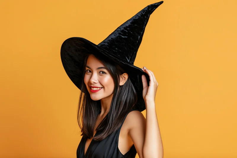 Young woman in witch costume smiling and touching hat against orange background
