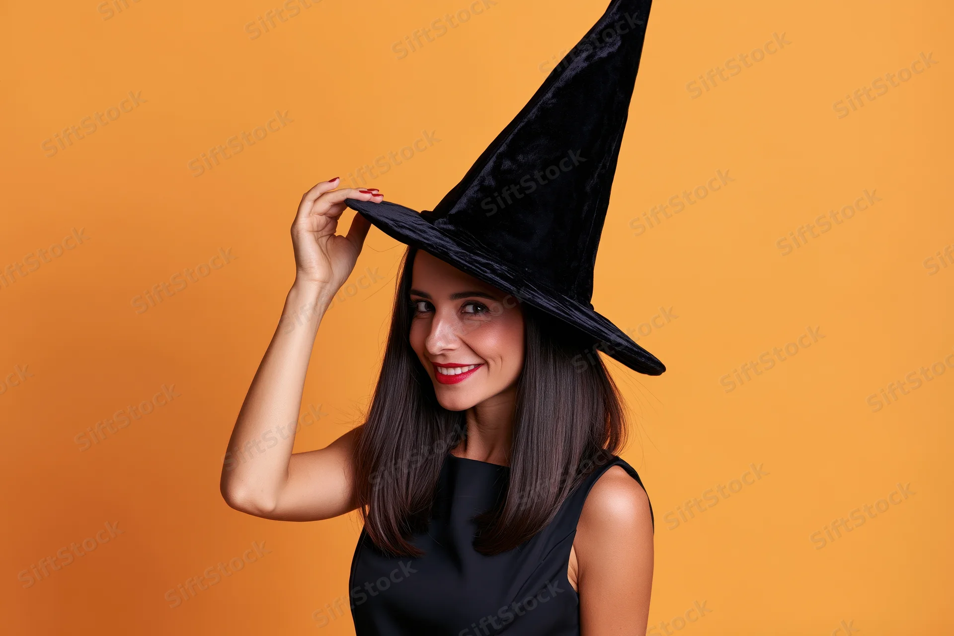 Woman in witch costume smiling and touching hat against orange background