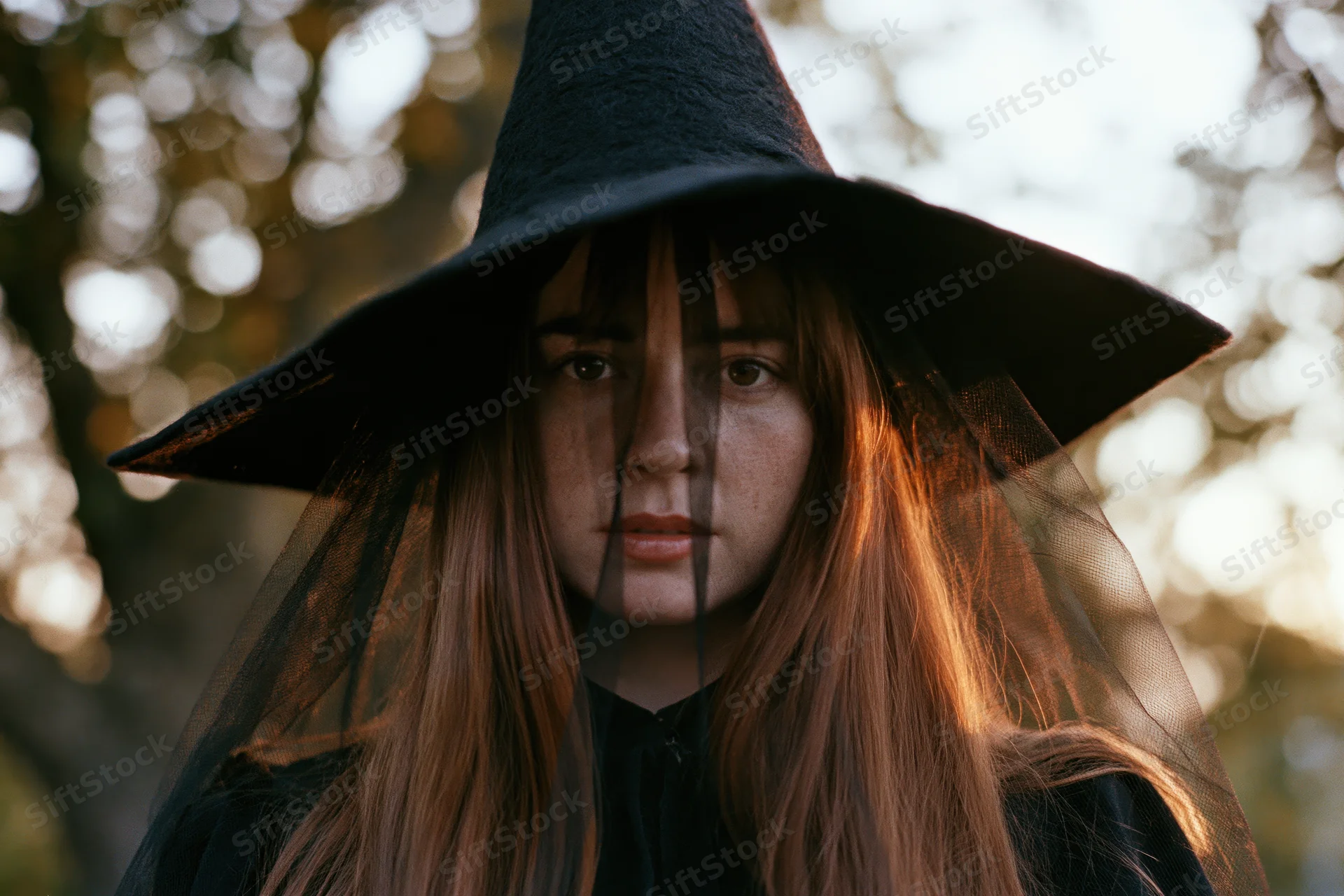 Young woman in black pointed witch hat with sheer tulle veil outdoors at sunset